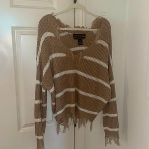 cream/light pink and white striped sweater, v neck with fringe